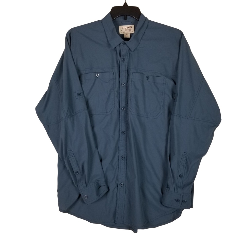 Filson Button Down Shirt Mens Large Blue Gray Nylon Roll Tab Sleeve Utility